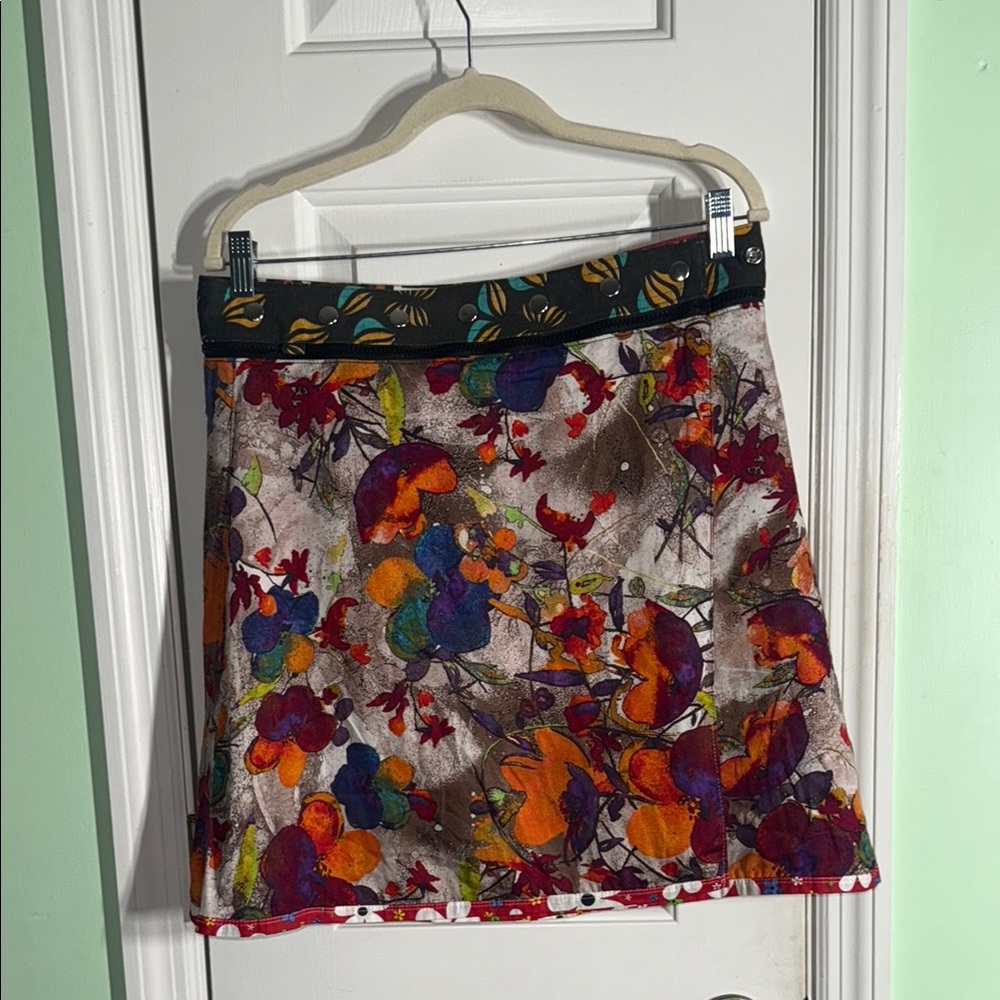Colorful Floral Print Reversible Hippie Mini Skirt Bohemian Wrap Festival Size M